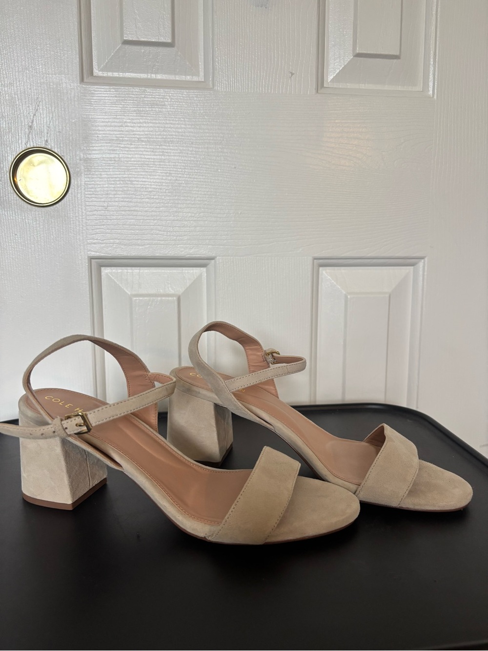 Cole Haan Beige Suede Block Heel Sandals